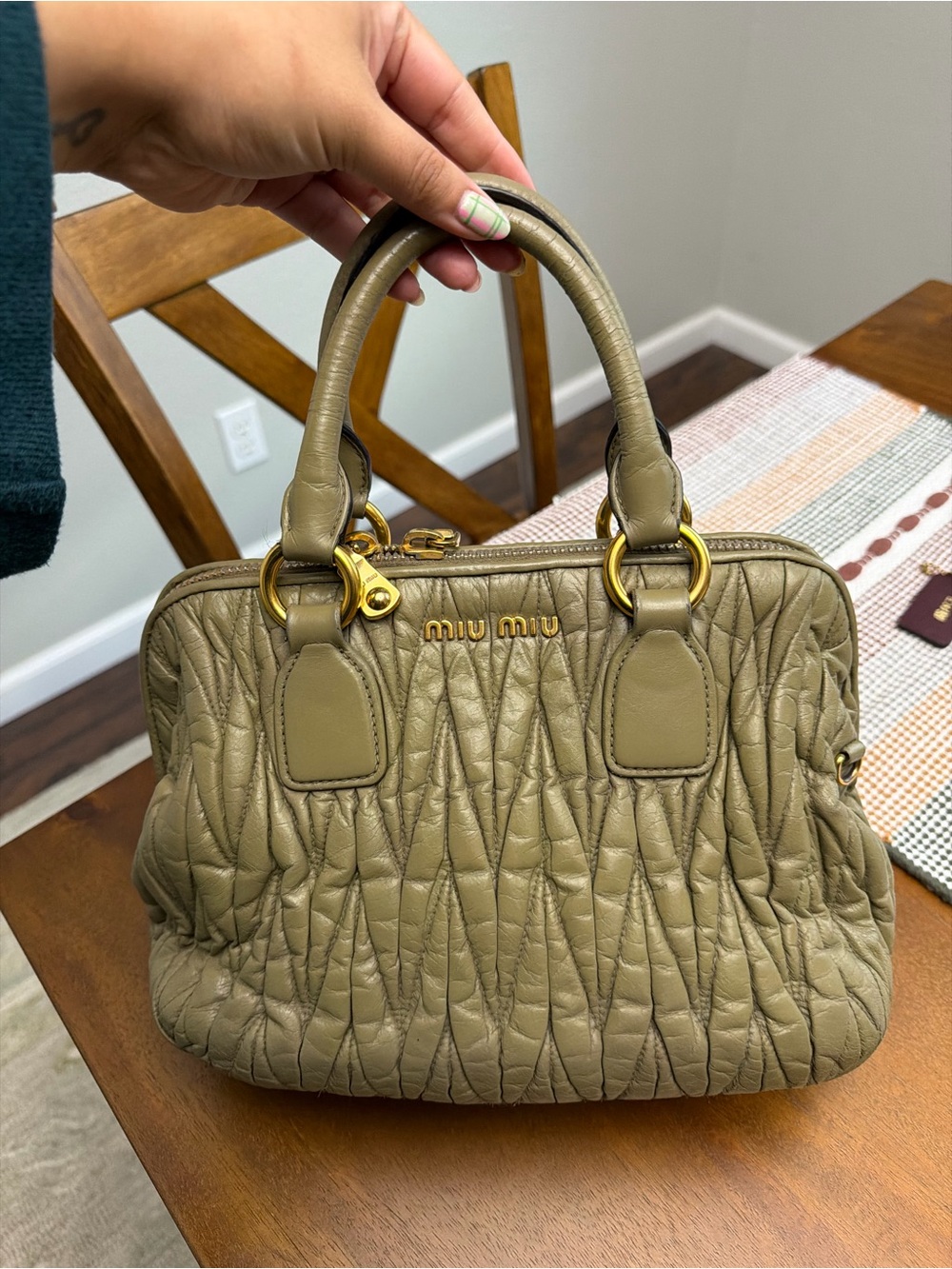 Miu Miu Olive Quilted Matelassé Leather Satchel with Gold Hardware